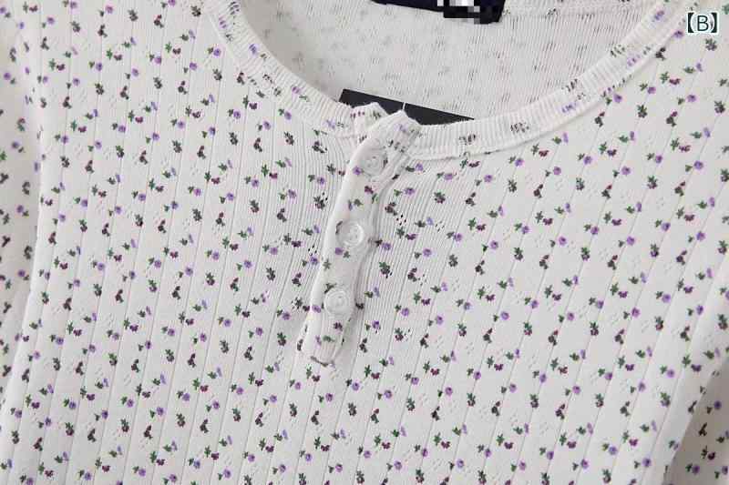 リメイクバディーのTシャツ レディース カットソー トップス 長袖 ロンT 丸首 クルーネック スリム タイト 細見え 伸縮性 ストレッチ 綿 コットン 花柄 小花柄 プリント インナー 下着 カジュアル フェミネンス 清新 甘め ブルー 紫 オレンジ｜アングル3