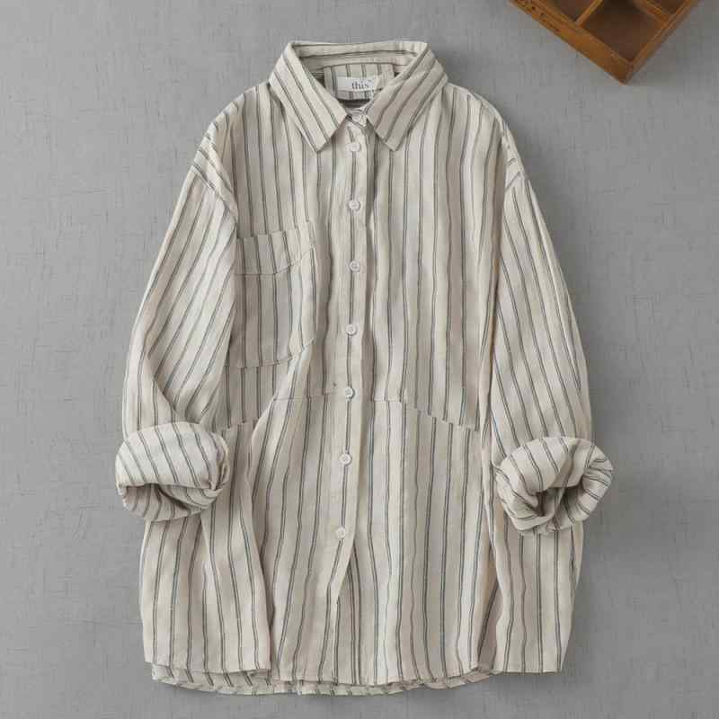 乐天商城 - シャツ レディース トップス リネン アクリル 長袖 POLOネック 前開き ボタン 切り替え 縞模様 ボーダー ゆったり ルーズ 体型カバー 細見え 華奢見え 通勤 通学 普段使い 日常 カジュアル 文芸風 レトロ風 秋物 麻 咖