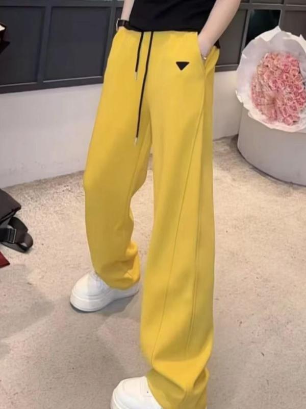 カジュアルパンツ レディース 春秋 ロングパンツ ボトムス 長ズボン ストレートパンツ 高腰 ハイウエスト 無地 着痩せ 伸縮 ストレッチ ドローストリング ウエストゴム 普段使い 通勤 日韓風 黄 黒 グレー