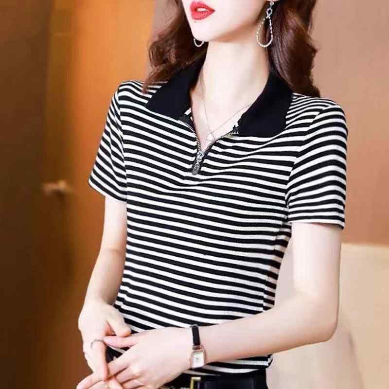 樂天商城 - Tシャツ レディース カットソー トップス 半袖 ボーダー ストライプ 立立襟 ファスナー ジッパー スリム 細見え インナーシャツ アンダーウェア カジュアル 伸縮性 ポリエステル ブラック カーキ アイボリー デイリー ユース 日常使い