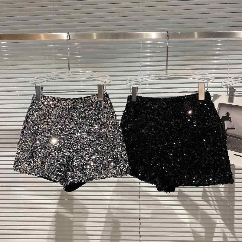 乐天商城 - ショートパンツ レディース キュロット ホットパンツ 半ズボン ボトムス 秋 冬 スパンコール キラキラ 拉链 ジッパー ファスナー タイト 伸縮性 ローライズ ミドルウエスト ブラック シルバー きれいめ セクシー クラブ パーティー 普段使い 通勤