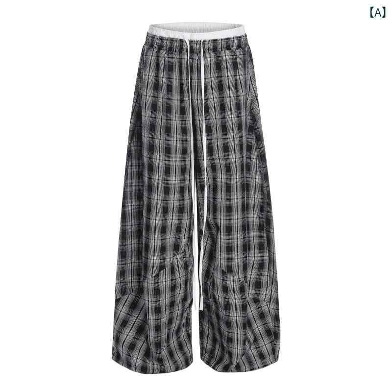 カジュアルパンツ メンズ レディース ワークパンツ カーゴパンツ ロングパンツ ワイドパンツ 格子柄 チェック柄 配色 切り替え 100%綿 コットン ルーズ ゆるめ ドレープ感 ゆったり ボトムス ズボン オールシーズン 黒
