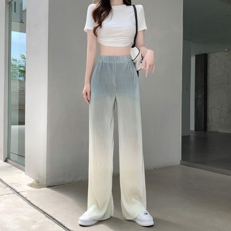 乐天商城 - ワイドパンツ レディース タイダイ 染め グラデーション プリーツ パンツ ストレートパンツ イージーパンツ ロングパンツ 長ズボン ボトムス ズボン ハイウエスト 落ち感 美脚 脚長 細見え ゆったり リラックス 涼しい 通勤 オフィス 普段使い カジ