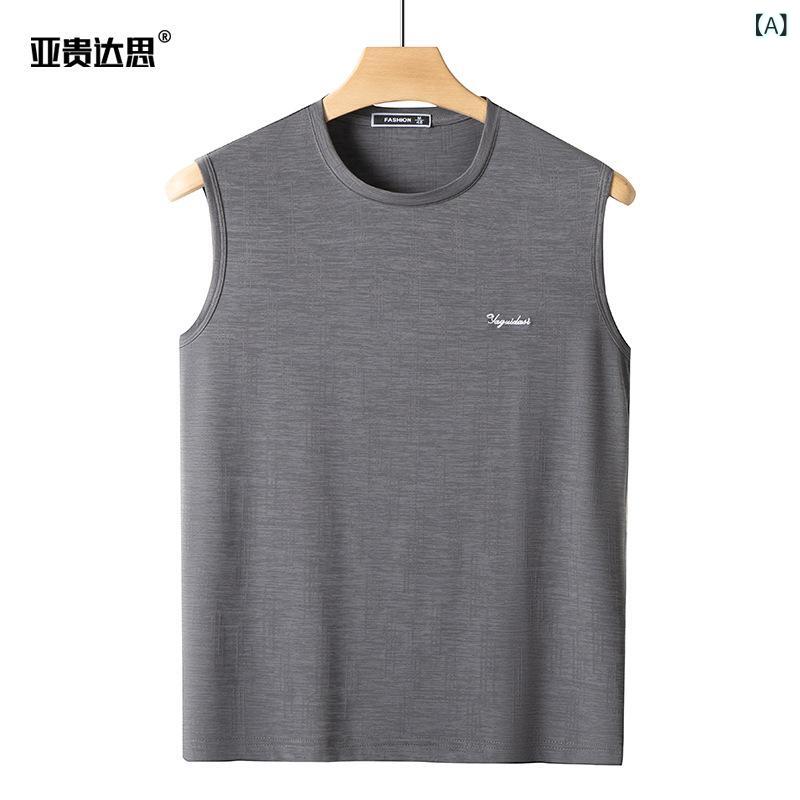 タンクトップ メンズ 男性用 ノースリーブ Tシャツ 接触冷感 伸縮性 速乾 メッシュ 通気性 薄手 トップス インナー アンダーウェア ルームウェア 部屋着 普段使い カジュアル 無地 刺繍 グレー ブルー ネイビー 中年 50代
