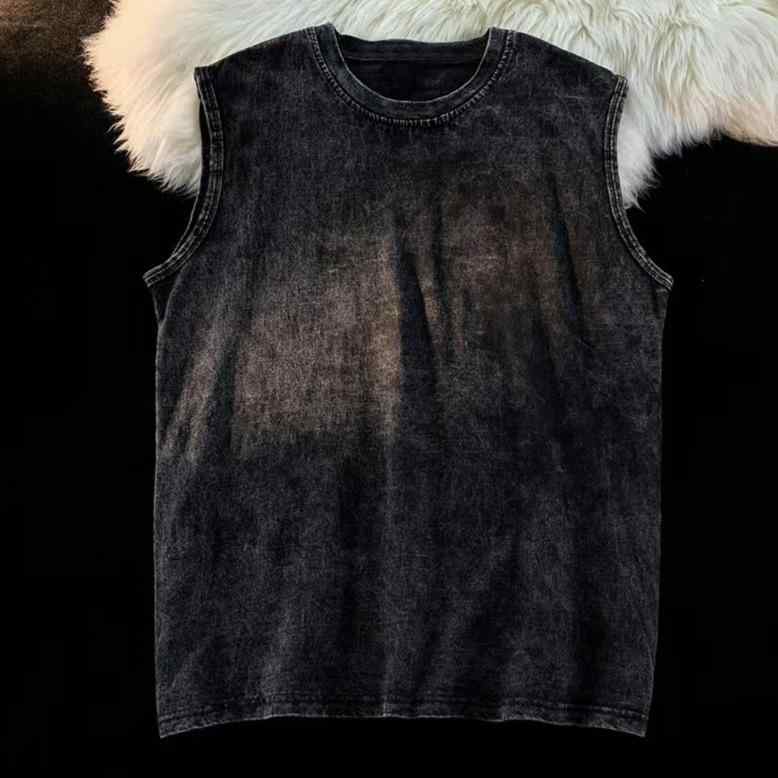 タンクトップ メンズ トップス ノースリーブ Tシャツ 230g 重磅 ヘビーウェイト ルーズ ゆったり 水洗 ウォッシュ加工 ヴィンテージ風 アメリカン ストリート カジュアル プルオーバー 丸首 クルーネック コットン 綿 普段使い 夏 サマー 黒