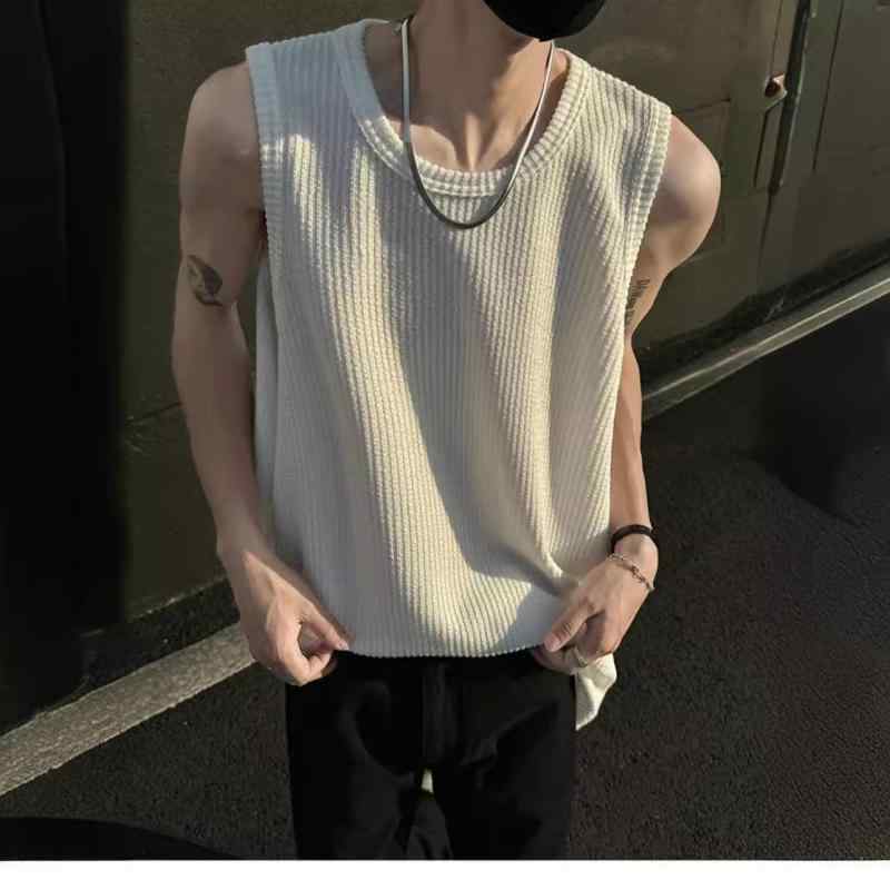 Tシャツ メンズ ノースリーブ タンクトップ 接触冷感 トップス カットソー インナー 筋トレ ジム フィットネス トレーニング 運動用 カジュアル ルームウェア 部屋着 普段使い ストライプ 柄 クルーネック しわになりにくい 伸縮性 速乾 軽量 黒