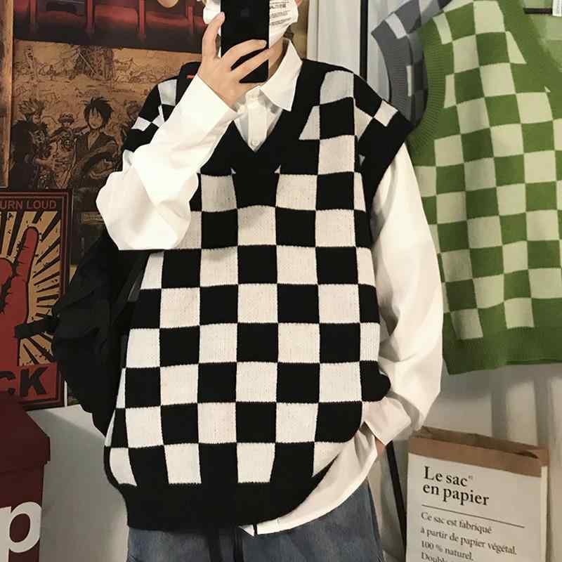 乐天商城 - ベスト メンズ レディース 男女兼用 ニット ニットベスト トップス チョッキ Vネック 棋盤格子 チェッカーボード ルーズ ゆったり レトロ ヴィンテージ風 カジュアル スポーツ 通学 通勤 重ね着 春秋 グリーン 黒 グレー