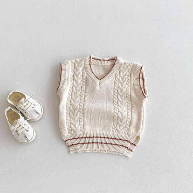 ベスト キッズ 男の子 女の子 ジュニア 子供服 ベビー ニットベスト ノースリーブ セーター チョッキ トップス ジレ ケーブル編み Vネック プルオーバー 無地 ストライプ コットン 綿 柔らかい 通園 通学 普段着 カジュアル 白 杏 秋