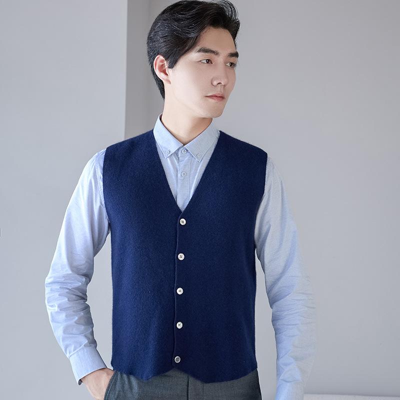 ニットベスト メンズ カシミア 羊毛 セーター 前開き ジレベスト チョッキ トップス ビジネス カジュアル Vネック ボタン 無地 防寒 暖かい 厚手 秋冬 紳士 中年 シニア 普段使い 通勤 ネイビー ブラック グレー remake-buddy-10629697 リメイクバディー パッケージ画像