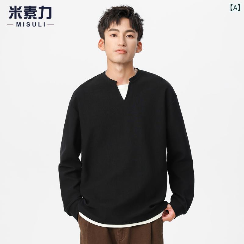 ・スタイル: 青春流行・主な素材: 綿 71%-80%・柄: 無地、幾何学模様・シルエット: ルーズ・ターゲット: 青少年、成人（24-35歳程度）・スタイル仕様: プルオーバー・ネックライン: スタンドカラー・袖丈: 長袖・フード: フードなし・生地の厚さ: 薄手・素材: 綿・着用シーン: 日常・デザイン詳細: ニット袖・加工: ユーズド加工・カラー展開: ブラック、カーキ・サイズ展開: M（50-60kg）、L（60-70kg）、XL（70-80kg）、2XL（80-90kg）、3XL（90-100kg）、4XL（100-115kg）・カテゴリ: Tシャツ・袖型: ドロップショルダー・重量: 180g-250g未満・機能性: 通気性・性別: メンズ