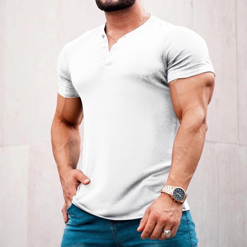 Tシャツ メンズ 男性用 ヘンリーネック 半袖 カットソー プルオーバー トップス Vネック 無地 薄型 通気性 カジュアル 普段使い 運動 スポーツ 青年用 デニムブルー ネイビー ブラック