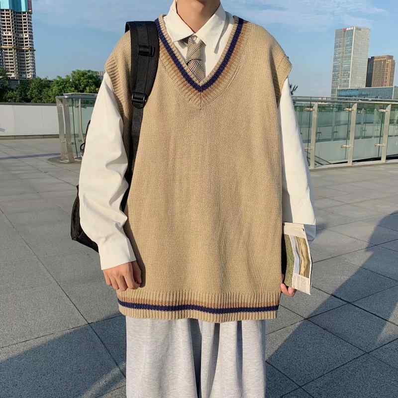 Rakuten - ニットベスト メンズ レディース 男女兼用 チョッキ ジレ 前開きなし Vネック ストライプ 切り替え レトロ ヴィンテージ風 ゆったり ノースリーブ セーター トップス 普段使い カジュアル ニット サマーニット 春秋 カキ 羊毛混