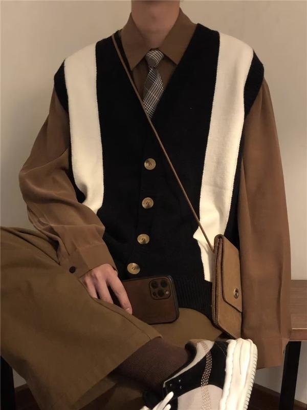 ・スタイル: 通勤・カテゴリ: カーディガン・ネックライン: Vネック・袖丈: ノースリーブ・シルエット: レギュラーフィット・生地の厚さ: 普通・素材: ウール 30%〜35%・着用シーン: カジュアル・対象: メンズ・カラー: ブラック・サイズ展開: M、L、XL、XXL、XXXL