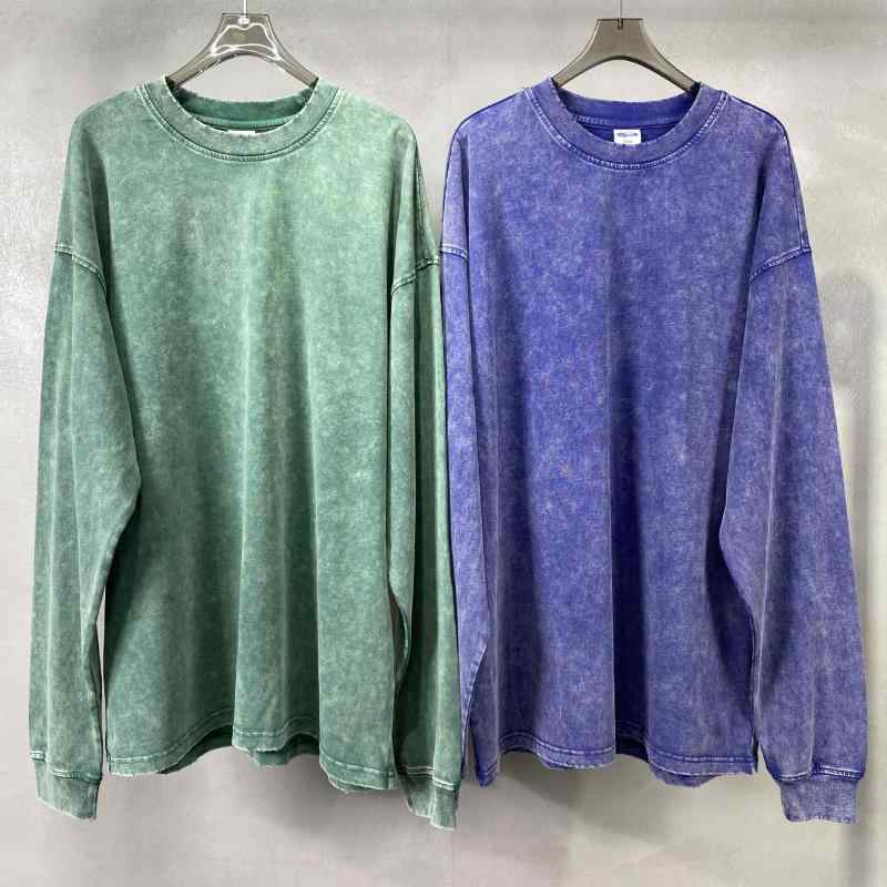 樂天商城 - Tシャツ メンズ 長袖 カットソー トップス ロンT ビッグシルエット オーバーサイズ クルーネック 丸首 染め加工 洗い加工 ヴィンテージ風 ユーズド風 コットン混紡 無地 ティーン カジュアル 重ね着 インナー 暗青 深灰 紫 275g