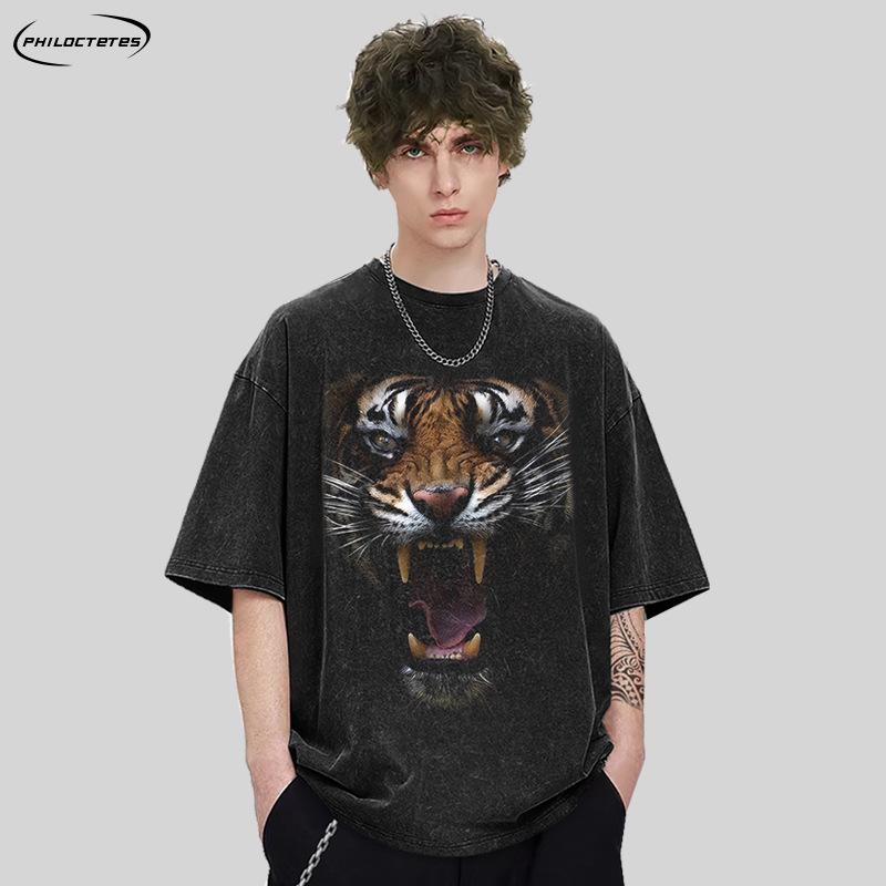 Rakuten - Tシャツ メンズ レディース 半袖 カットソー トップス ビッグシルエット オーバーサイズ 虎 タイガー プリント レトロ ヴィンテージ風 ストリート系 部屋着 クルーネック 丸首 綿 コットン 通気 吸湿 速乾 炒花 黒 白