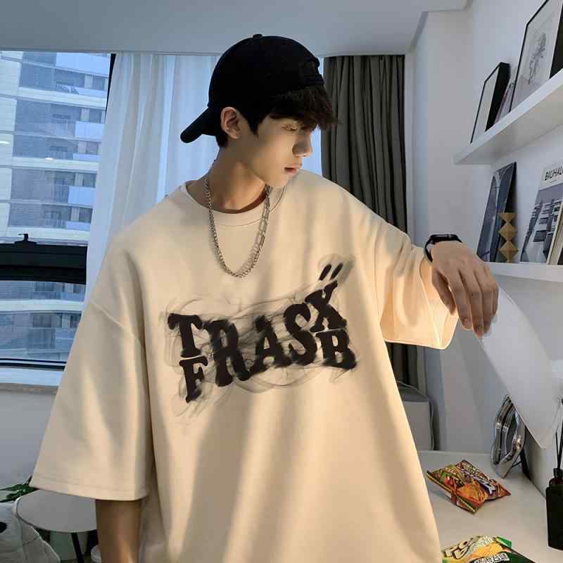 Rakuten - Tシャツ メンズ 半袖 カットソー トップス サマー 丸首 クルーネック ティーシャツ アメリカン カジュアル ビッグシルエット オーバーサイズ ゆったり 100%綿 コットン 普段使い 部屋着 ストリート プリント ホワイト ブラック ブルー 杏