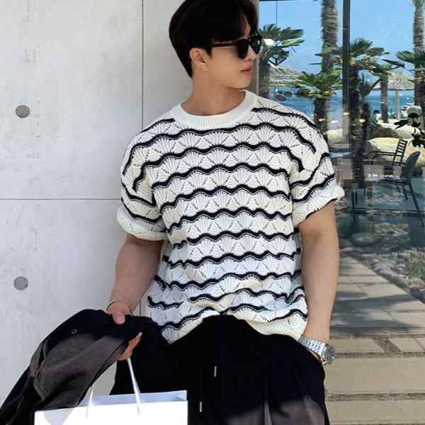 Rakuten - Tシャツ メンズ 半袖 カットソー トップス スエード 接触冷感 吸湿速乾 クルーネック 丸首 幾何学柄 プリント オーバーサイズ ビッグシルエット ゆったり ルーズ 五分袖 黒 白 アプリコット カジュアル ストリート