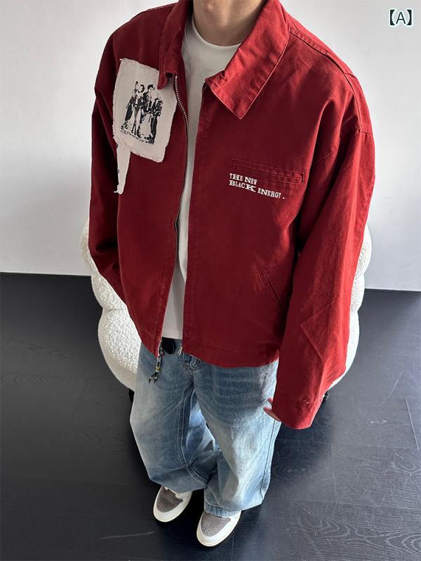 Jumper, Blouson - ジャケット メンズ レディース 男女兼用 アウター ブルゾン ジャンパー ワークジャケット ショート丈 長袖 襟付き ジップアップ 異素材切り替え ポケット付き カジュアル ストリート ヴィンテージ風 レトロ アメカジ 春秋 ポリエステル