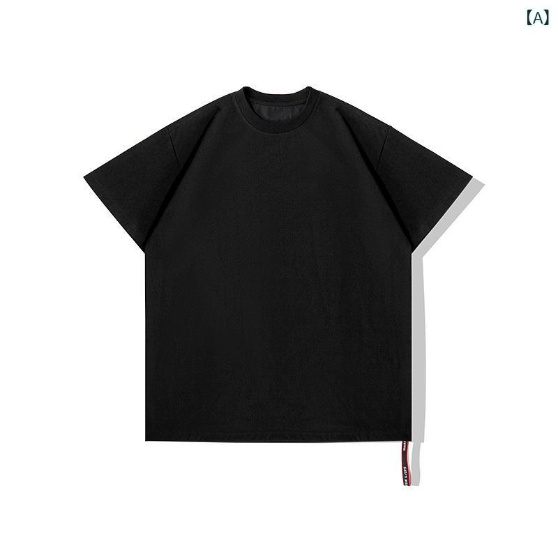 Rakuten - Tシャツ メンズ レディース 半袖 カットソー トップス インナーシャツ オーバーサイズ ビッグシルエット クルーネック 丸首 無地 厚手 コットン 綿 伸縮性 通気性 吸湿速乾 耐磨耗性 カジュアル ストリート系 春夏 秋冬 オールシーズン ブラック
