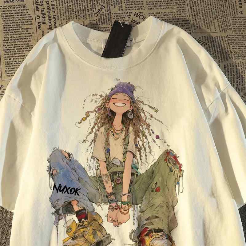 樂天商城 - Tシャツ メンズ レディース 半袖 丸首 カットソー トップス ティーシャツ 綿 コットン アメカジ アメリカン レトロ ヴィンテージ風 ストリート系 ビッグシルエット ゆったり キャラクター プリント 白 黒 杏 男女兼用 春夏
