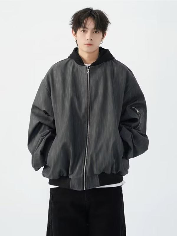 Rakuten - ジャケット メンズ アウター 野球服 ジャンパー ブルゾン ブルゾンジャケット フードなし レザージャケット ショート丈 異素材 切り替え puレザー 合皮 紋理 襟付き ゆったり カジュアル レトロ アメリカン 秋 冬 深灰