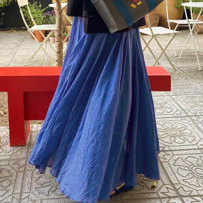 ロングスカート レディース 綿麻 フレア 無地 ゴムウエスト カジュアル スウィート 春夏 軽やか 着回し・柄: 無地・加工: 拼接・生地: 綿混紡・スカート型: プリーツスカート・スカート丈: ミモレ丈・流行の要素: 拼接・カラー: ブルー・サイズ: フリーサイズ・スタイル: カジュアル・スカートカテゴリー: スカート・伸縮性: 中弾力