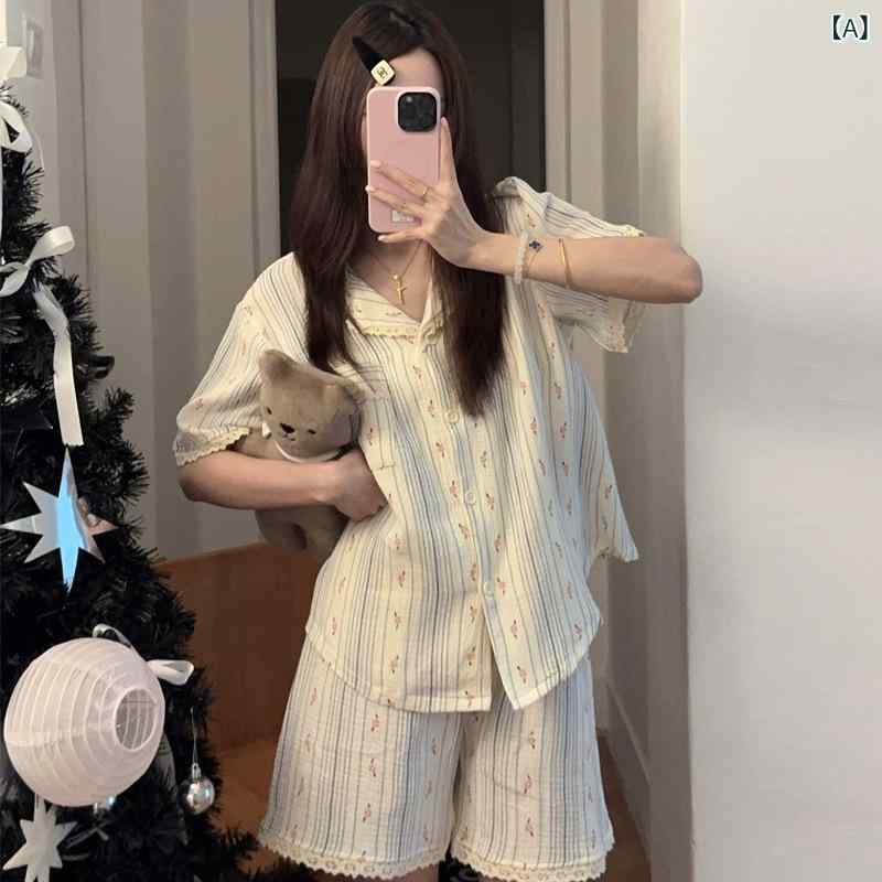 ベビーコットンガーゼパジャマレディース 夏 半袖 ショーツ 甘くて かわいい 花 柄...