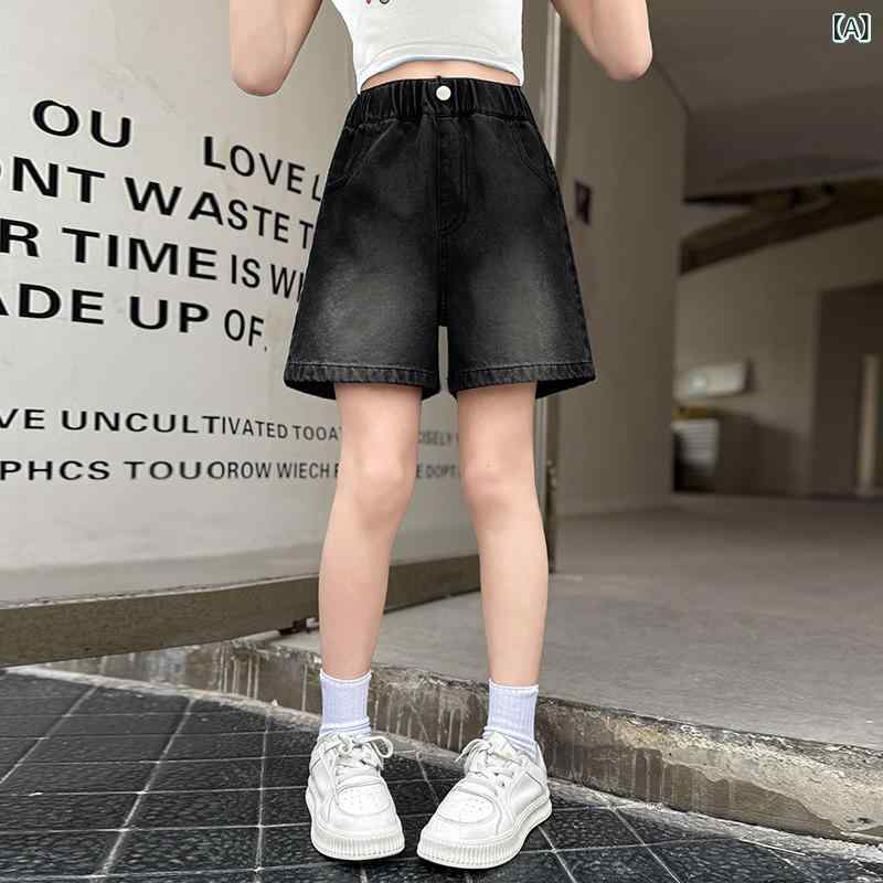 樂天商城 - 女の子 用 デニムショートパンツ、 夏 用 薄手、 女の子 用 おしゃれ ストリートホットパンツ、 子供 用 万能 刺繍 アウターパンツ、 トレンド