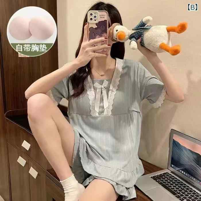 夏の 襟の パジャマの 女性の 韓国 版の 坑 条の シンプルな 少女の 半袖の 甘くて...