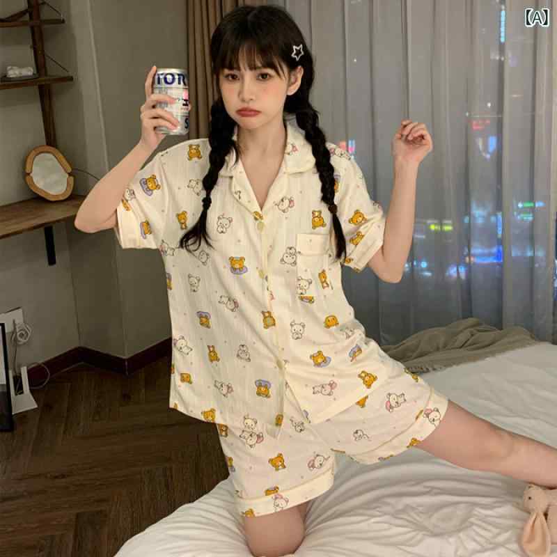 女性 用 パジャマ、 新しい 夏の スーツ、 甘くて かわいい 韓国 風 カジュアル 半...