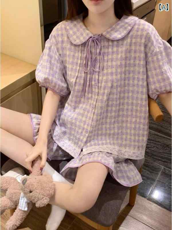 韓国 風の 綿と リネンの 女性 用 パジャマ、 夏 用 半袖 ショーツ、 紫色の 花 柄...