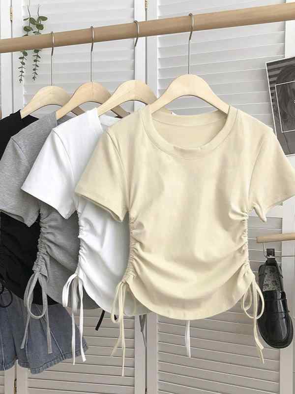 Tシャツ レディース 半袖 ドローストリング ウエストマーク スタイルアップ 韓国系 大人かわいい カットソー トップス