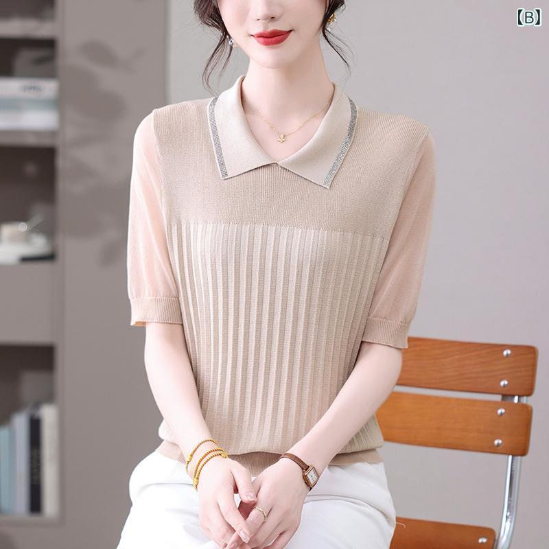 ニット 半袖 襟付き レディース トップス Tシャツ カットソー サマーニット 接触冷感 ゆったり プルオーバー チュニック 薄手 普段使い カジュアル きれいめ 伸縮性 ポリエステル 紺 浅キャメル 黒 母親 40代 50代 remake-buddy-10645042 リメイクバディー サンプル画像3