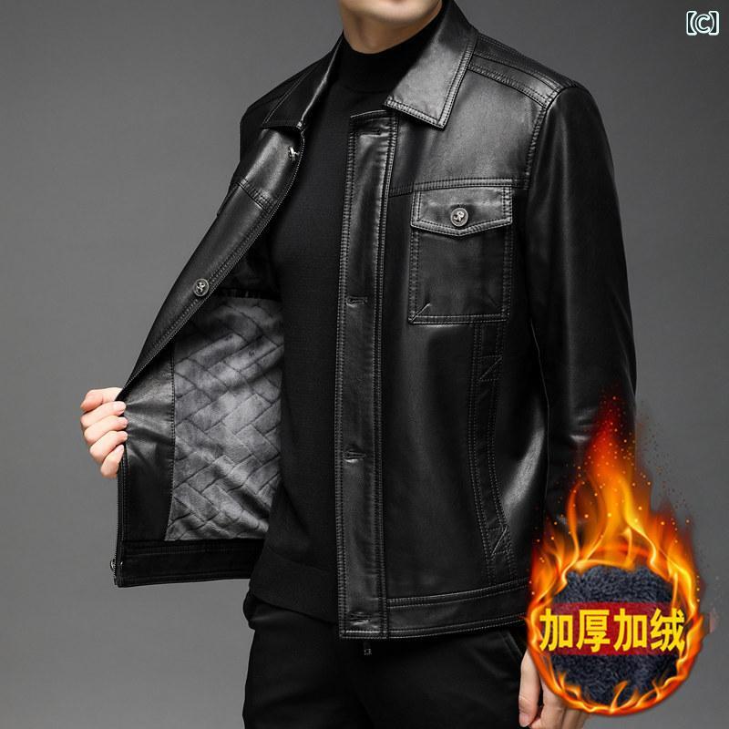 レザージャケット メンズ ジャケット アウター 革ジャン ライダースジャケット 父親 お父さん シニア 紳士 襟付き ボタン カジュアル 普段使い お出かけ オールシーズン 秋冬 裏起毛 保暖 防寒 軽量 ブラック オレンジ PUレザー remake-buddy-10646202 リメイクバディー サンプル画像3