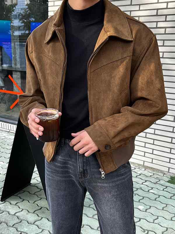 ジャケット メンズ 襟付き スエード フライトジャケット ジャンパー ブルゾン アウター 紳士服 男性用 春秋 ショート丈 長袖 羽織り スポーティー カジュアル 無地 シンプル 防風 耐磨 普段使い 日常 ブラック 棕