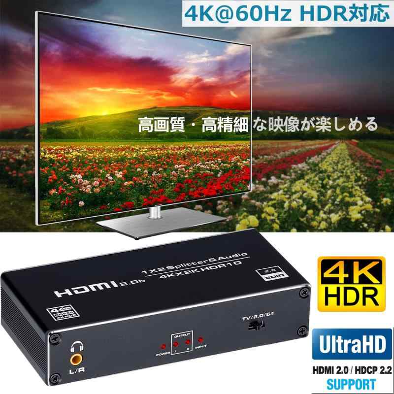 BLUPOW 4K60Hz・HDR対応 HDMI分配器 1入力2出力+音声分離機(同軸・光デジタル・3.5...