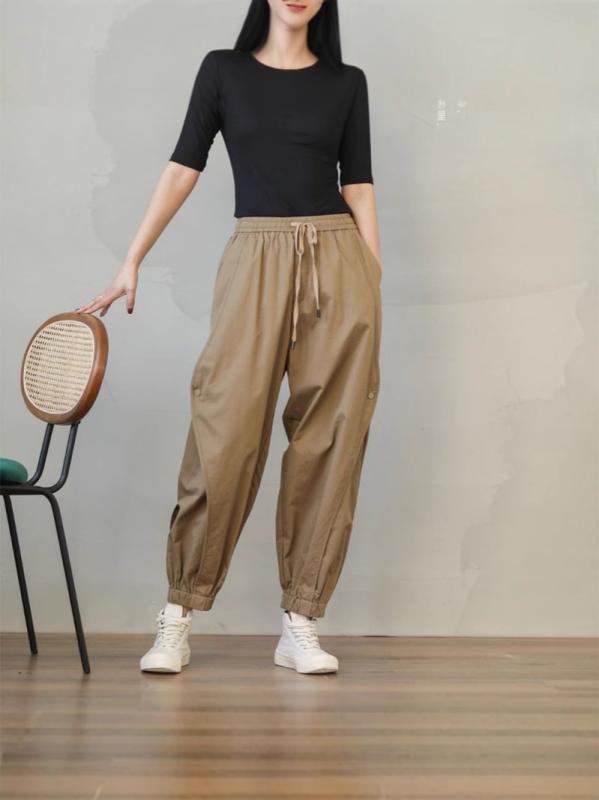 パンツ レディース テーパードパンツ ハーレムパンツ ジョガーパンツ ハイウエスト 9分丈 ワークパンツ カーゴパンツ 美脚 体型カバー ズボン カジュアル ボトムス オールシーズン 無地 シンプル・素材: ポリエステル90-95%・スタイル: 工装（カーゴ）・シルエット: テーパード・丈感: 九分丈・ウエスト: ゴム仕様・厚さ: 薄手・流行: ポケット・カラー展開: カーキ、ブラック・サイズ展開: M,L,XL,2XL,3XL・テイスト: 日韓カジュアル、韓系、個性派ストリート・性別: レディース・カテゴリ: カジュアルパンツ・加工: 切り替え
