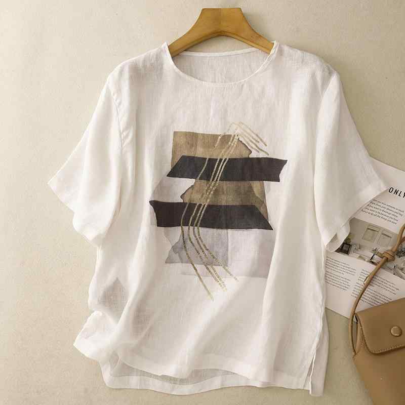 Tシャツ レディース 半袖 トップス カットソー プルオーバー 丸首 クルーネック チュニック 宽松 ゆったり 体型カバー レトロ調 ヴィンテージ風 エスニック 花柄 プリント 綿麻 コットンリネン 旅行 普段使い 白 青 麻