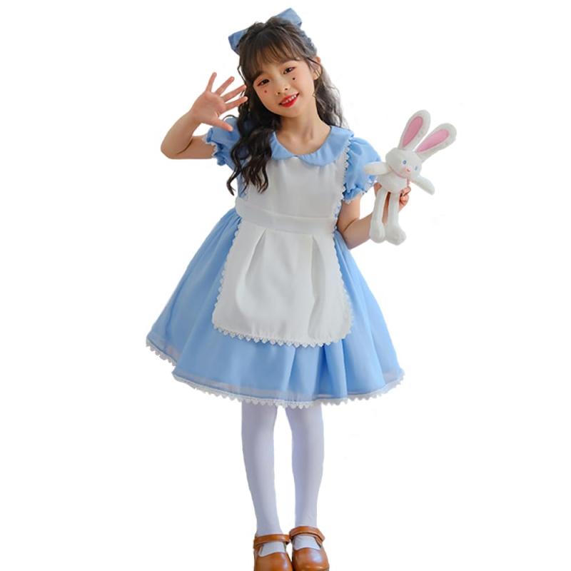 乐天商城 - [RPFLQ] アリス 女の子 メイド服 ドレス コスプレ ハロウィン 仮装 エプロン 半袖 子供 キッズ 女児 衣装 可愛い 萌え 人気 イベント 活動 なりきり ワンピース 水色 ライトブルー 3点セット レ