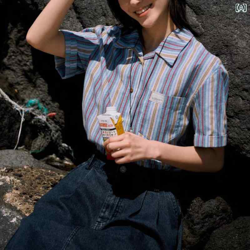 樂天商城 - シャツ レディース 春夏 半袖 トップス 羽織り カーディガン 開襟シャツ オープンカラー 古着風 レトロ ヴィンテージ風 ストライプ柄 リゾート カジュアル 旅行 部屋着 通勤 普段使い 通気性 軽量 涼しい マルチカラー