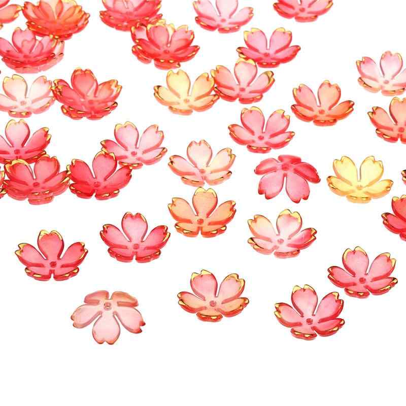 PATIKIL フローラルスペーサービーズ 100個 金色メッキ 5枚花びらグラデーションアクリル桜の花ビーズ ブレスレット イヤリング ネックレス 宝石メイキング DIYクラフト用 赤黄色グラデーショ