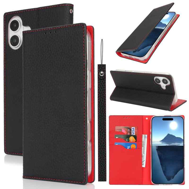 樂天商城 - Eastwave アイフォン For iPhone 16 ケース 本革 牛革 For iPhone 16 ケース 手帳型 For iPhone16 カバー 手帳 本革 柔らかい 本皮 スプラットホール付き スプラット同梱 内蔵マグネット- ブラック