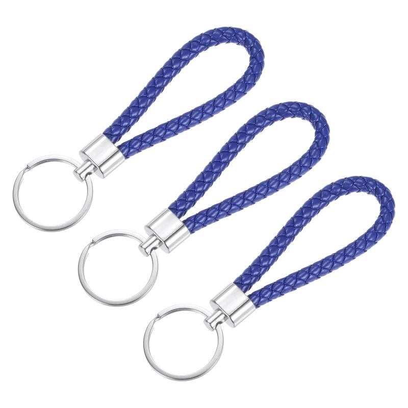 [YOKIVE] Set of 3 Braided Leather Keychains, Made of PU Leather, Decorative Straps for Bags and Wallets (Blue)