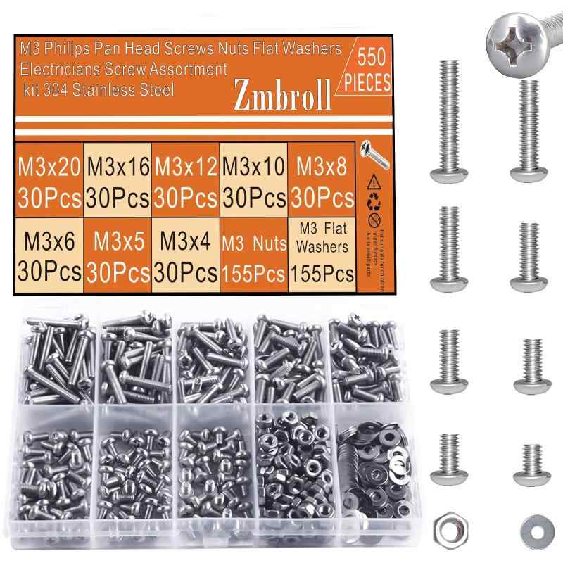 樂天商城 - Zmbroll 550個 M3 フィリップス パンヘッド マシン スクリュー M3x4/5/6/8/10/12/16/20mm メトリック 304 ステンレススチール スクリュー 全ネジ ファスナー ボルト ナット フラット ワッシャー 詰め合わ