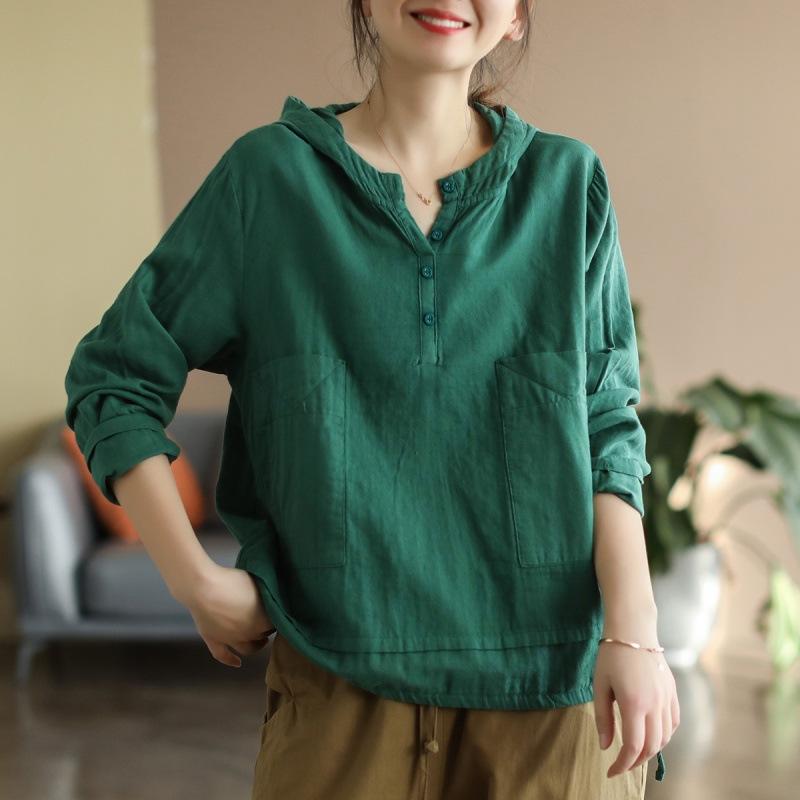 シャツ レディース 春 長袖 フード付き ダブルガーゼ 二重ガーゼ Tシャツ トップス カットソー ブラウス チュニック プルオーバー ゆったり 体型カバー カジュアル Vネック ポケット付き アクリル 白 オレンジ 緑