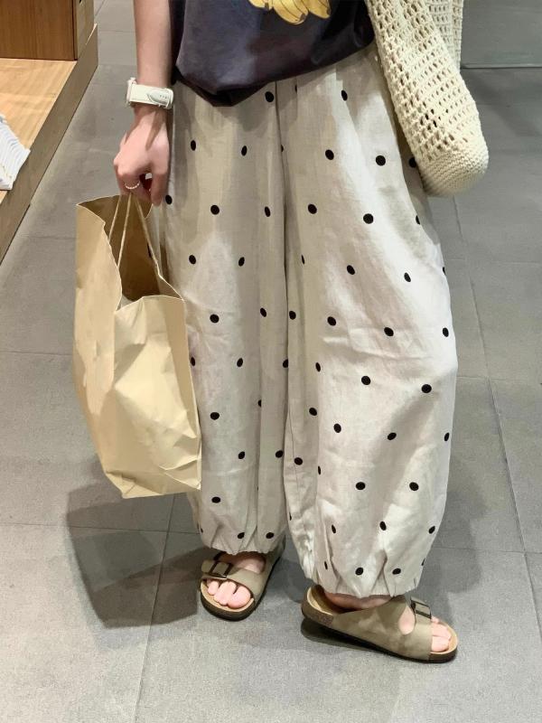 ・カテゴリ: カジュアルパンツ・スタイル: 通勤風・シルエット: サルエルパンツ・パンツ丈: クロップドパンツ（九分丈）・ウエスト: ハイウエスト・生地の厚さ: 薄手・デザイン: ドット柄、パッチワーク・切り替え・カラー: リネンナチュラル・サイズ: S、M、L、XL・伸縮性: なし・対象: 女性