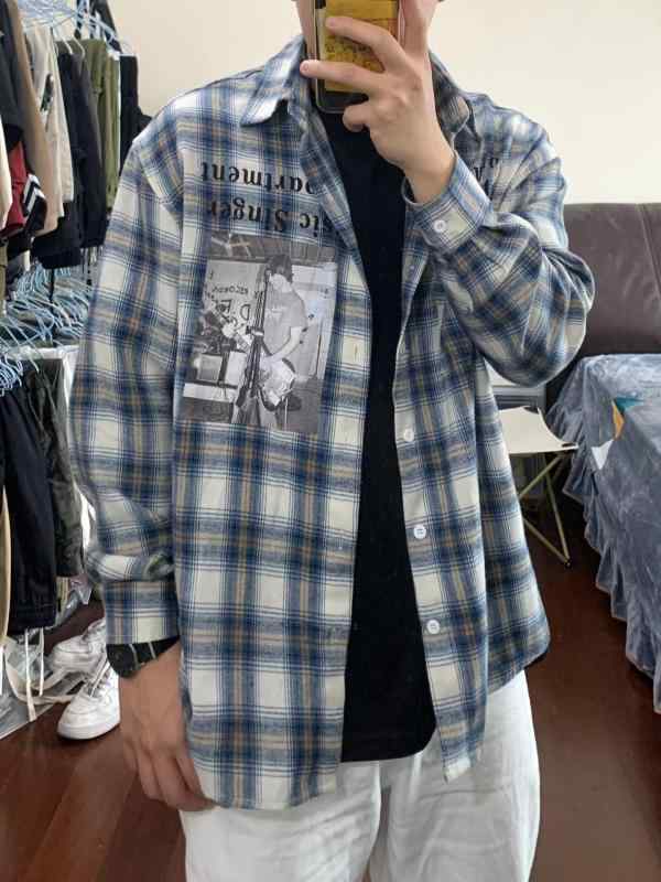 樂天商城 - シャツ メンズ レディース チェック柄 長袖 ネルシャツ トップス 襟付き カジュアル 前開き ボタン アメリカンストリート 英字 ロゴ 総柄 ゆったり ビッグシルエット 羽織り 普段使い 普段着 日常 部屋着 ブルー ブラウン