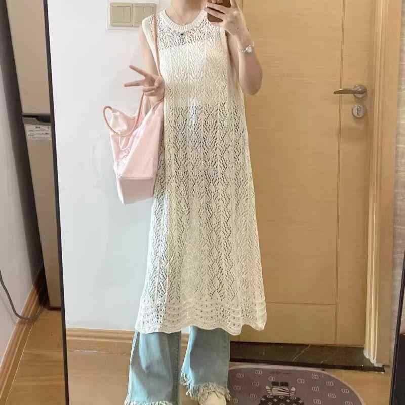 ワンピース レディース サマーニット ノースリーブ ロング Aライン 透け感 鍵編み Vネック クルーネック 2way リゾート ビーチ ギャル セクシー フェミニン きれいめ アイボリー ブラック カーキ グレー