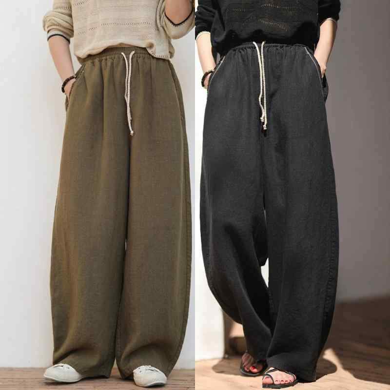 カジュアルパンツ レディース ロングパンツ 鎌刀パンツ ワイドパンツ 香蕉パンツ コクーンパンツ ボトムス 麻 ヘンプ リネン ゆるめ ルーズ 楽ちん ウエストゴム 調整紐 ポケット付き 刺しゅう 黒 鉛灰 オリーブグリーン レトロ 文艺風 春 秋