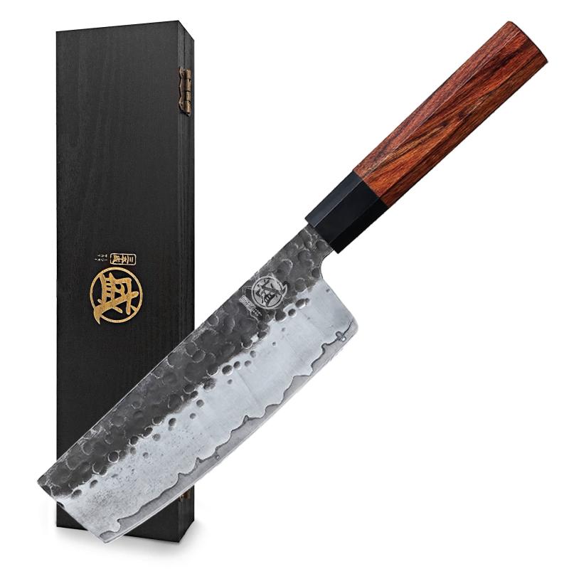 MITSUMOTO SAKARI 菜切包丁 180mm 手鍛造 三層構造 高炭素ステンレス ローズウッドハンドル 野菜包丁 家庭用 切れ味鋭い 繊細な切り口 皮むき・みじん切り サンダルウッド収納箱付き